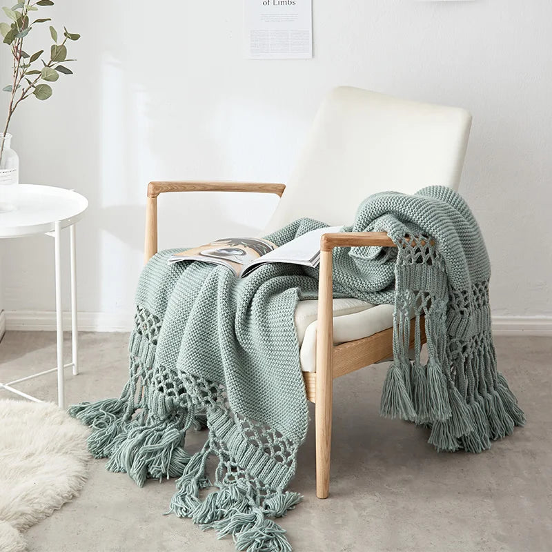 Afralia™ Tassel Hollow-out Bed Flag Runner Fluffy Chunky Knit Throw Blanket