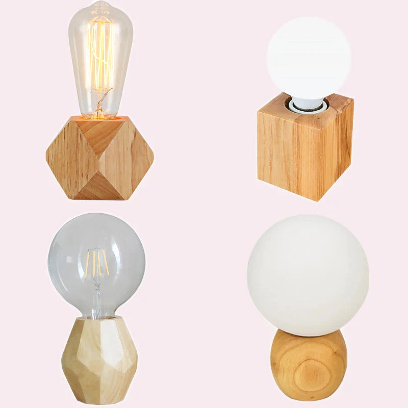 Afralia™ Solid Wood Polyhedron Table Lamp with EU Plug and E27 Bulb Socket