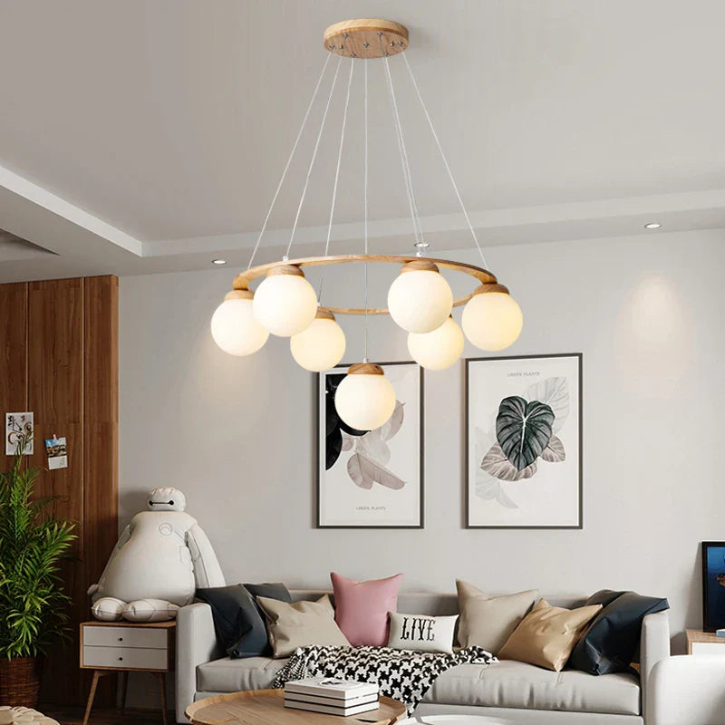 Afralia™ Nordic Wood Chandelier Glass Ball Pendant Lamp for Dinning Room Kitchen Loft