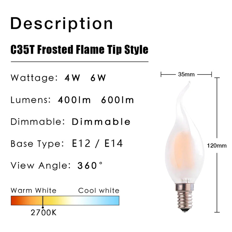 Afralia™ LED Flame Bulb E12 E14 C35 Retro Candle Filament 4W 6W Dimmable Warm White