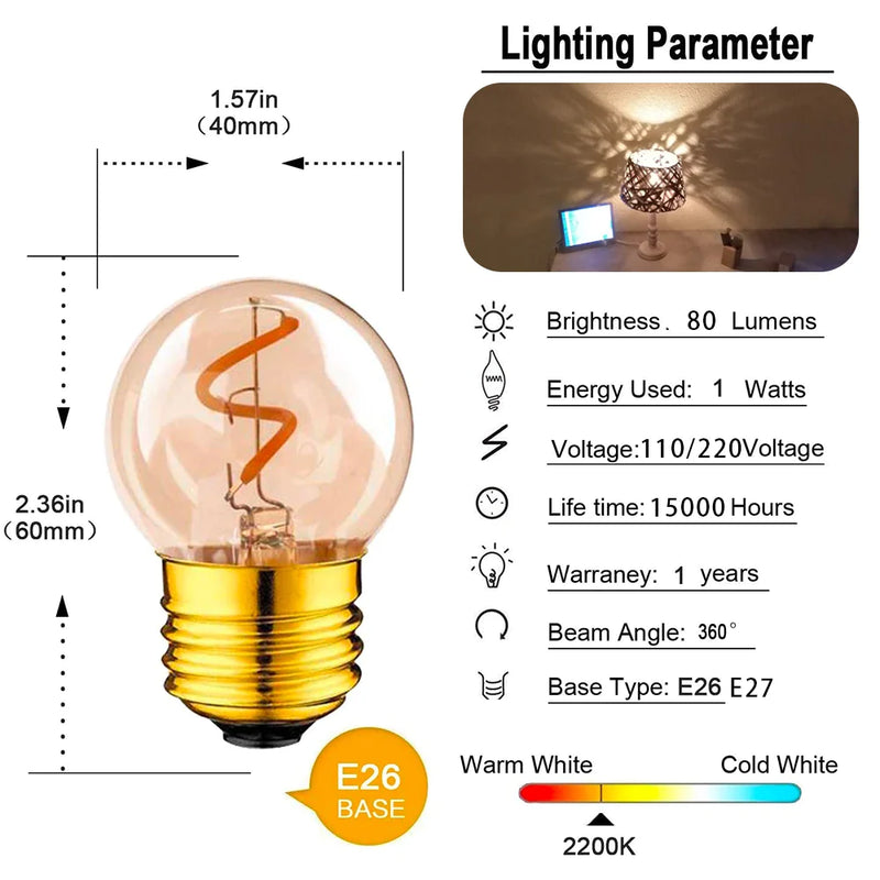 Afralia™ Retro Spiral Globe LED Bulbs 1W G40 E27 Amber Glass 2200K Decorative Lighting